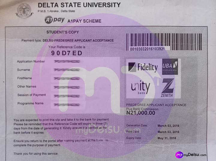 Proof of payment delsu acceptance fee