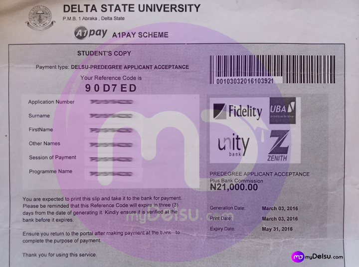 Proof of payment delsu acceptance fee