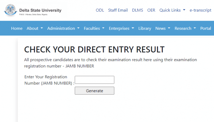 How to check delsu direct entry result