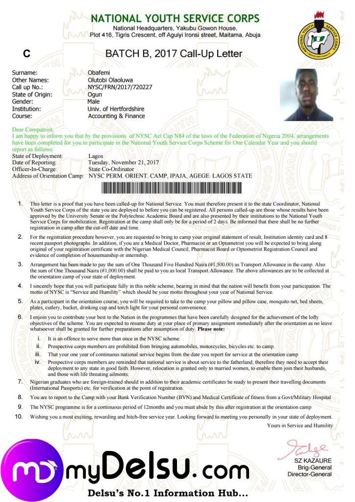 Importance of the NYSC Call Up Letter
