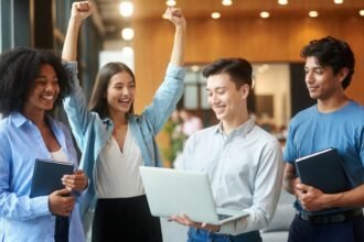 Create a professional photograph for: "La Trobe University Scholarships " AUTO-DETECT country from title → use appropriate background STUDENTS: Random number, diverse races (African, Asian, Caucasian, Hispanic), UPPER BODY/WAIST-UP only, celebrating/studying, MAIN FOCUS DIMENSIONS: EXACTLY 1200px × 630px STYLE: Bright, warm, professional, sharp focus on students/student