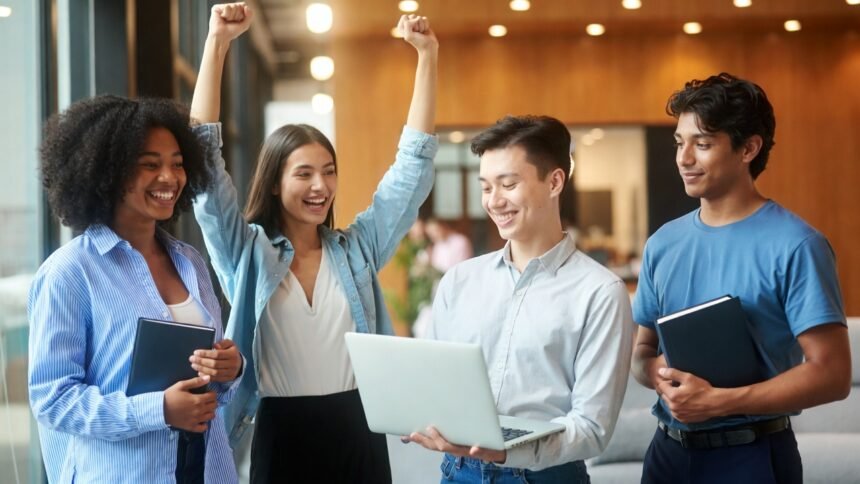 Create a professional photograph for: "La Trobe University Scholarships " AUTO-DETECT country from title → use appropriate background STUDENTS: Random number, diverse races (African, Asian, Caucasian, Hispanic), UPPER BODY/WAIST-UP only, celebrating/studying, MAIN FOCUS DIMENSIONS: EXACTLY 1200px × 630px STYLE: Bright, warm, professional, sharp focus on students/student